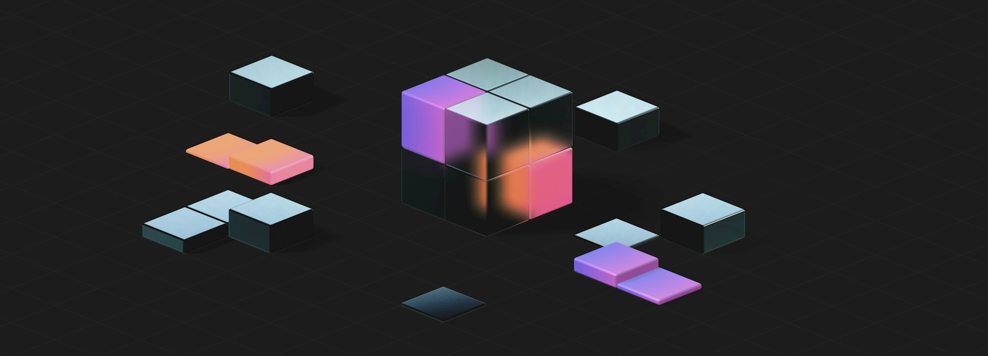 Abstract 3D illustration of colorful cubes and tiles arranged on a dark grid background, symbolizing modular components coming together.